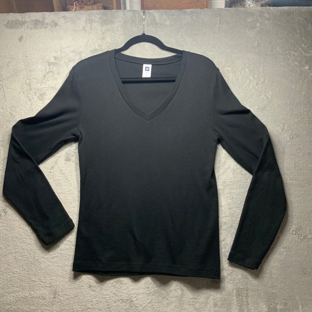 Gap Womens Black Long Sleeve V-Neck Ribbed Tee Shirt Size L